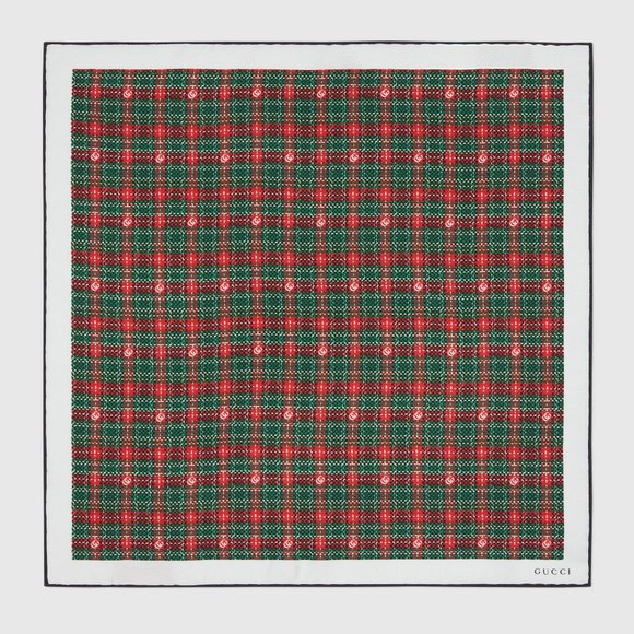 Gucci Check Print Silk Pocket Square in Red and Green NEW With Tags - Picture 1 of 4